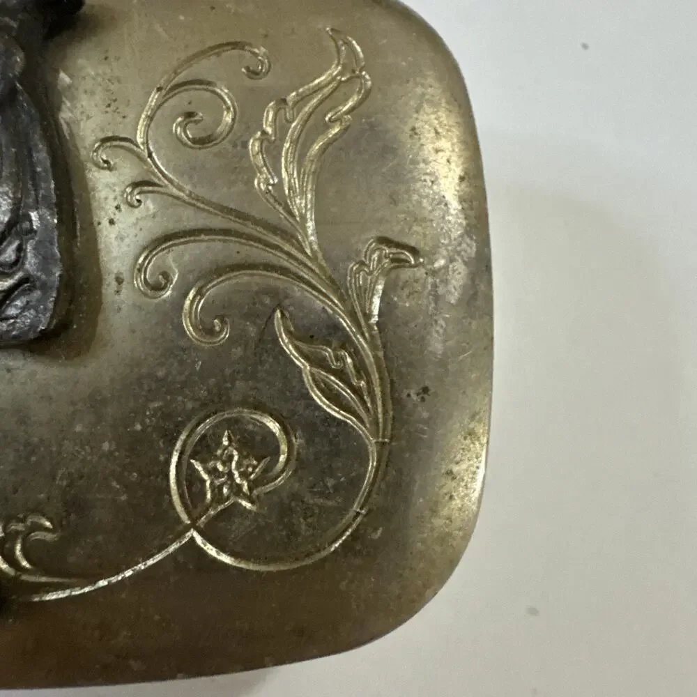 Vintage Western Belt Buckle Silver Engraved Ornate Brass Spinning Kinetic Saddle